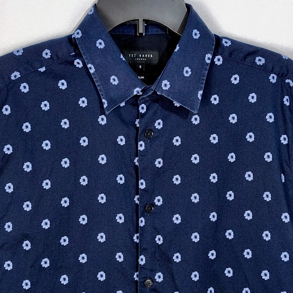 Ted Baker Kymsho Short Sleeve Ditsy Floral Shirt Size 5 Slim Fit XL Navy‎ - Picture 3 of 7
